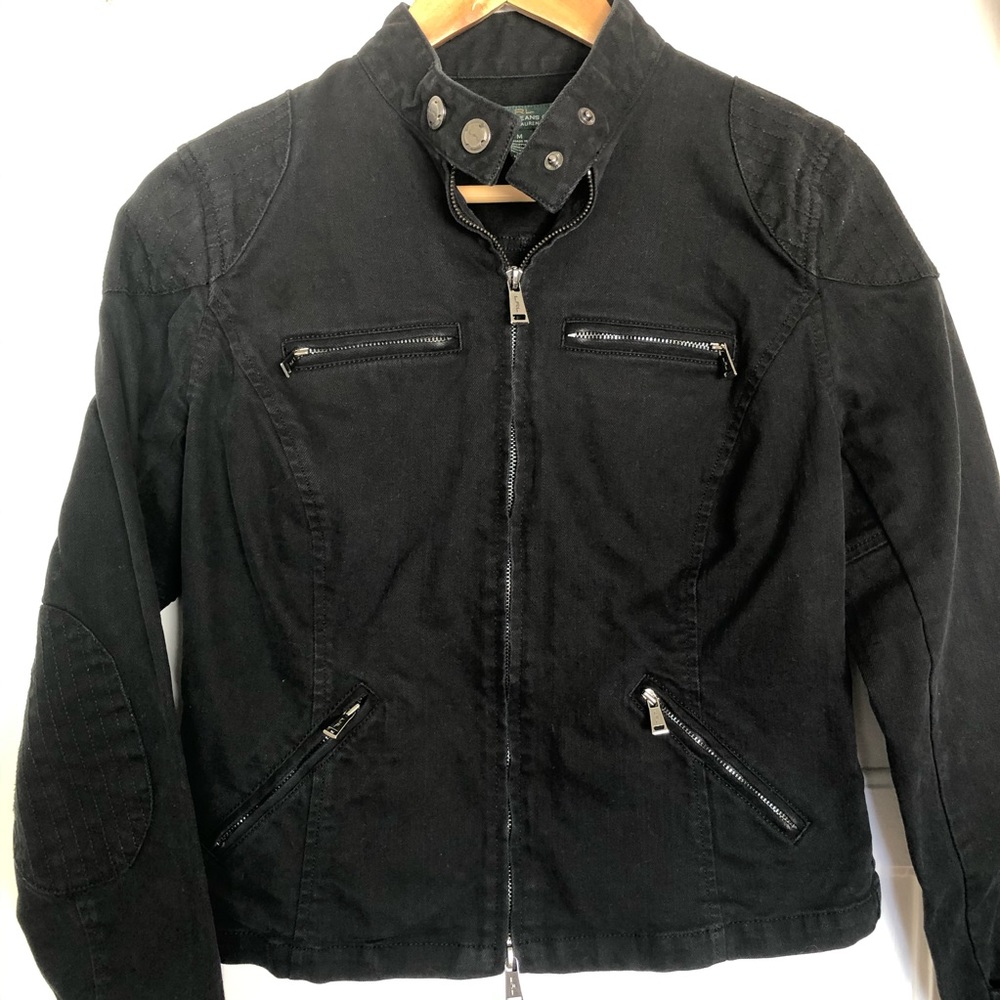 LRL Ralph Lauren Moto Jacket Cropped Black Denim M - Picture 3 of 8